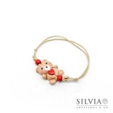 Bracciale cordino cerato con orsetto beige e cuore rosso