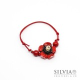 Bracciale cordino cerato con fiore rosso