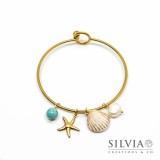 Bracciale bangle in acciaio color oro con conchiglia stella marina turchese e perla