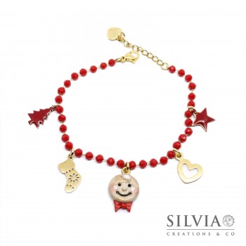 Bracciale catena acciaio dorato cristalli rossi omino pan di zenzero e charms natalizi