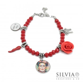 Bracciale cristalli rossi ispirato a Frida Kahlo con charms