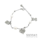 Bracciale catena acciaio e perle ciondolo cuore di mamma inciso e charms