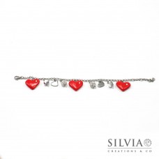 Bracciale catena acciaio con cuori rossi e charms