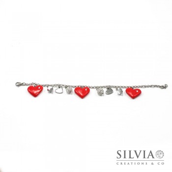 Bracciale catena acciaio con cuori rossi e charms