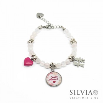 Bracciale con perle di quarzo rosa ciondolo "Grazie Maestra" e charms