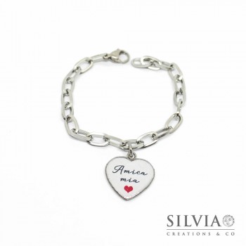 Bracciale catena acciaio e ciondolo a forma di cuore con scritta Amica Mia