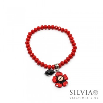 Bracciale cristalli con fiore rosso e cristallo nero a goccia 