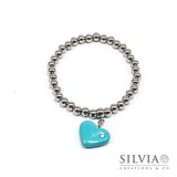 Bracciale perle acciaio con cuore azzurro e strass