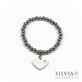 Bracciale perle acciaio con cuore bianco e strass