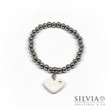 Bracciale perle acciaio con cuore bianco e strass