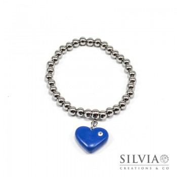 Bracciale perle acciaio con cuore blu e strass