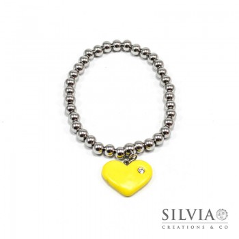 Bracciale perle acciaio con cuore giallo e strass