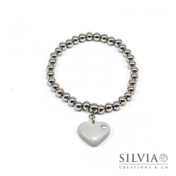 Bracciale perle acciaio con cuore grigio e strass