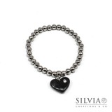 Bracciale perle acciaio con cuore nero e strass