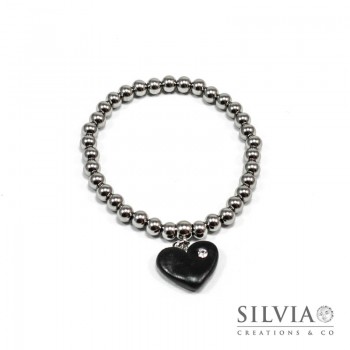 Bracciale perle acciaio con cuore nero e strass