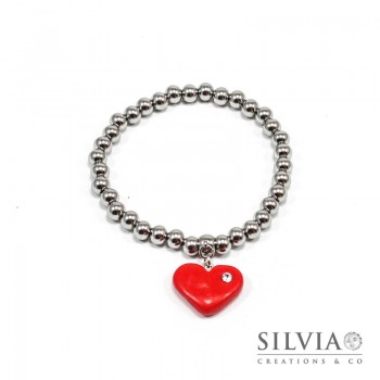 Bracciale perle acciaio con cuore rosso e strass