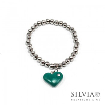 Bracciale perle acciaio con cuore verde smeraldo e strass