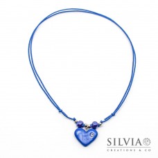 Collana cordino cerato con cuore blu