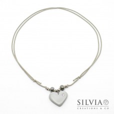 Collana cordino cerato con cuore grigio