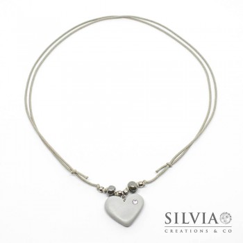 Collana cordino cerato con cuore grigio