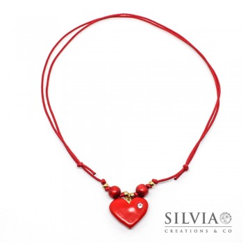 Collana cordino cerato con cuore rosso