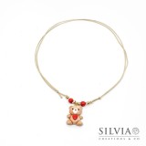 Collana cordino cerato con orsetto peluche e cuore rosso