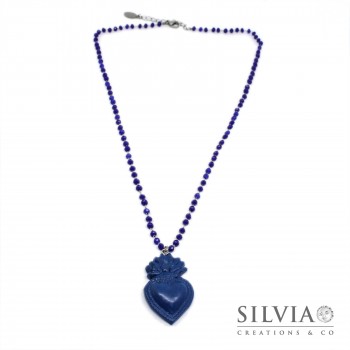 Collana girocollo cristalli con sacro cuore ex voto blu