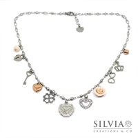 Collana catena acciaio con charms cuori amore rosa