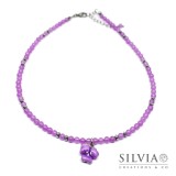 Collana girocollo donna con perle di calcedonio e fiore viola del pensiero