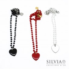 Collana girocollo catena acciaio cristalli ciondolo cuore smaltato bianco rosso o nero