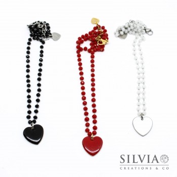 Collana girocollo catena acciaio cristalli ciondolo cuore smaltato bianco rosso o nero