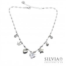 Collana catena acciaio con ciondolo cuore di cristallo e charms