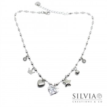 Collana catena acciaio con ciondolo cuore di cristallo e charms