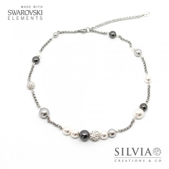 Collana girocollo con perle Swarovski color bianco e grigio catena acciaio