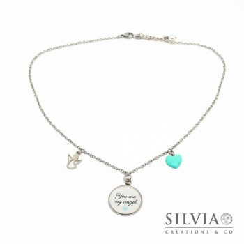 Collana girocollo catena acciaio con frase "You are my Angel" e charms