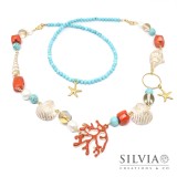 Collana 2 in 1 con ciondolo corallo smaltato stelle marine conchiglie e turchese