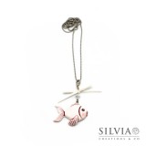 Collana lunga pesce bianco e rosa con fiocco