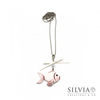 Collana lunga pesce bianco e rosa con fiocco