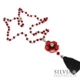 Collana lunga cristalli con fiore rosso e nappina