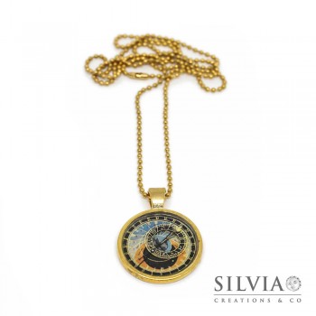 Collana lunga catena acciaio color oro con orologio astronomico