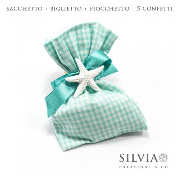 Confezione completa sacchetto azzurro acqua e bianco da 12x15 cm