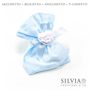 Confezione completa sacchetto per bomboniera in sangallo azzurro 12x15 cm