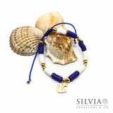 Bracciale unisex cordino con perline heishi bianche blu e ancora oro